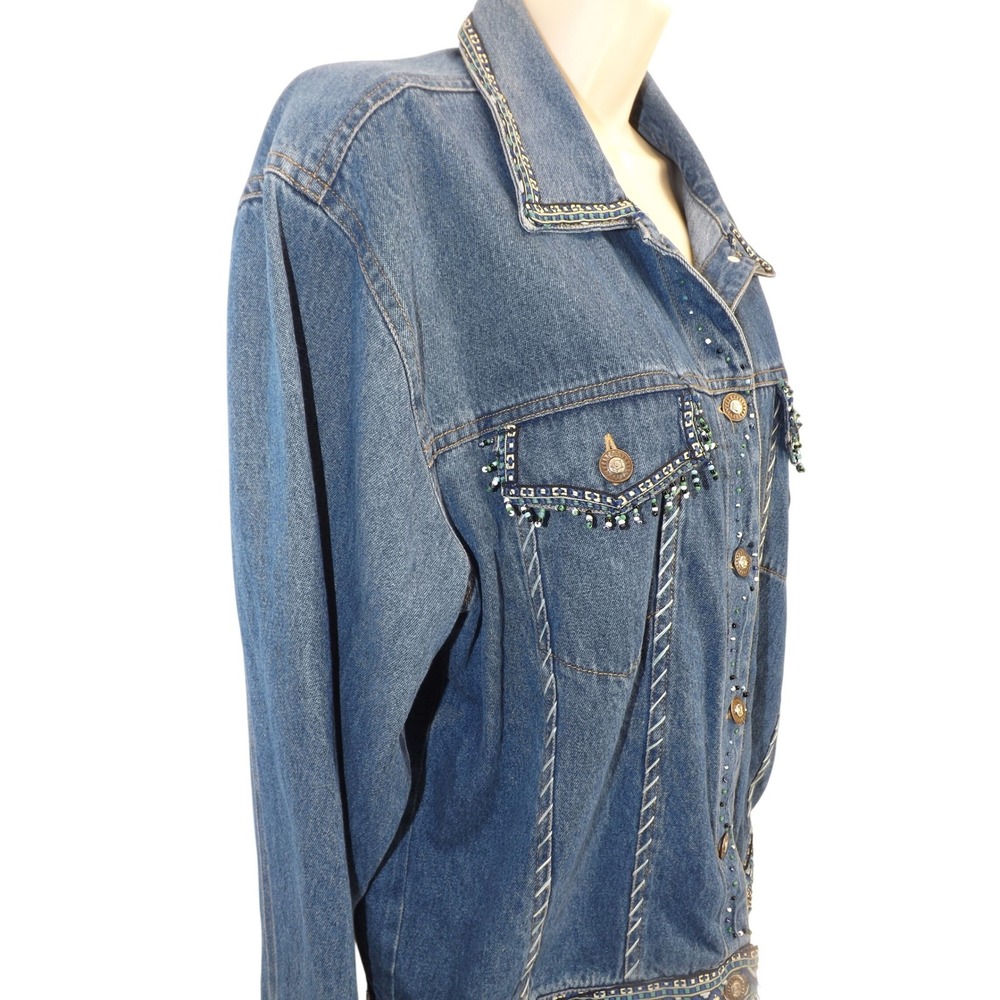Womens Embellished Denim Jean Jacket Blue Beaded Western Trucker Style L Large - Picture 6 of 16